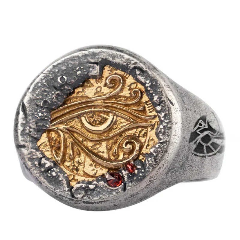 Pharaoh's Treasure Horus Eye Silver Inlaid Copper Ring