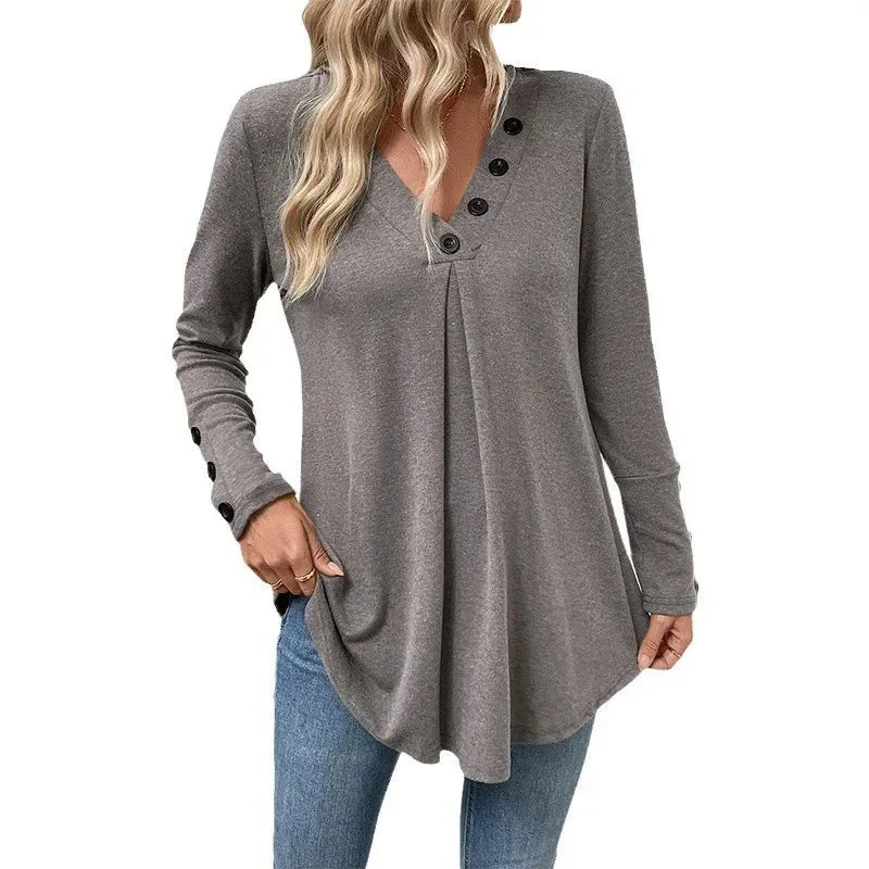 Casual Mid-Length V-Neck Solid Color Long-Sleeve Women's Top