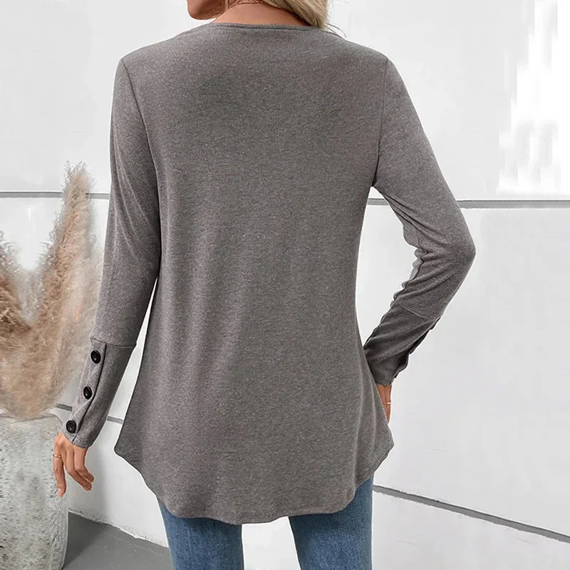 Casual Mid-Length V-Neck Solid Color Long-Sleeve Women's Top