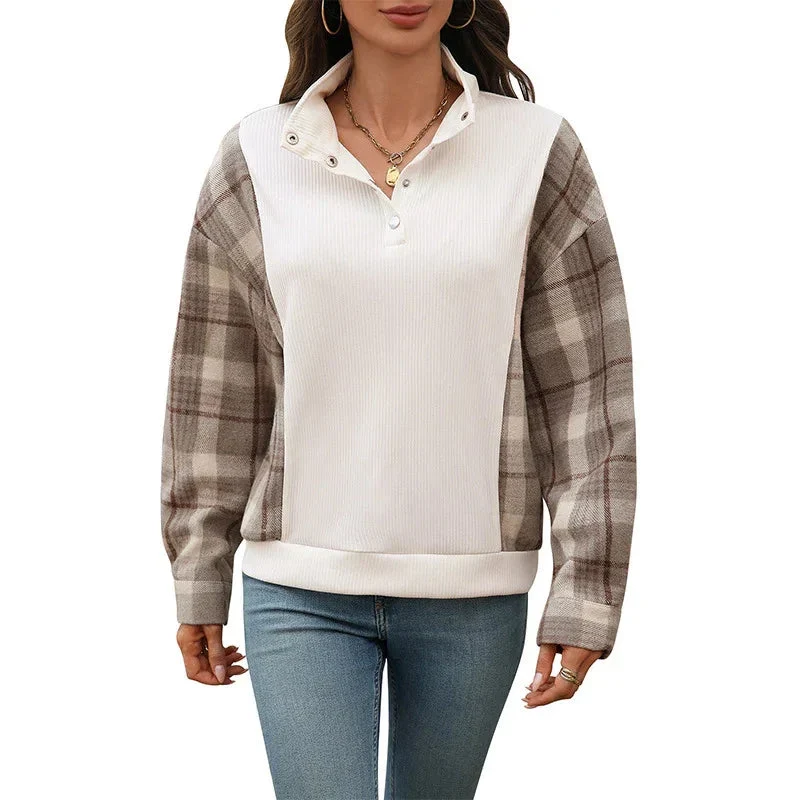 Casual Retro Plaid Stitching Loose Women's Sweater Top