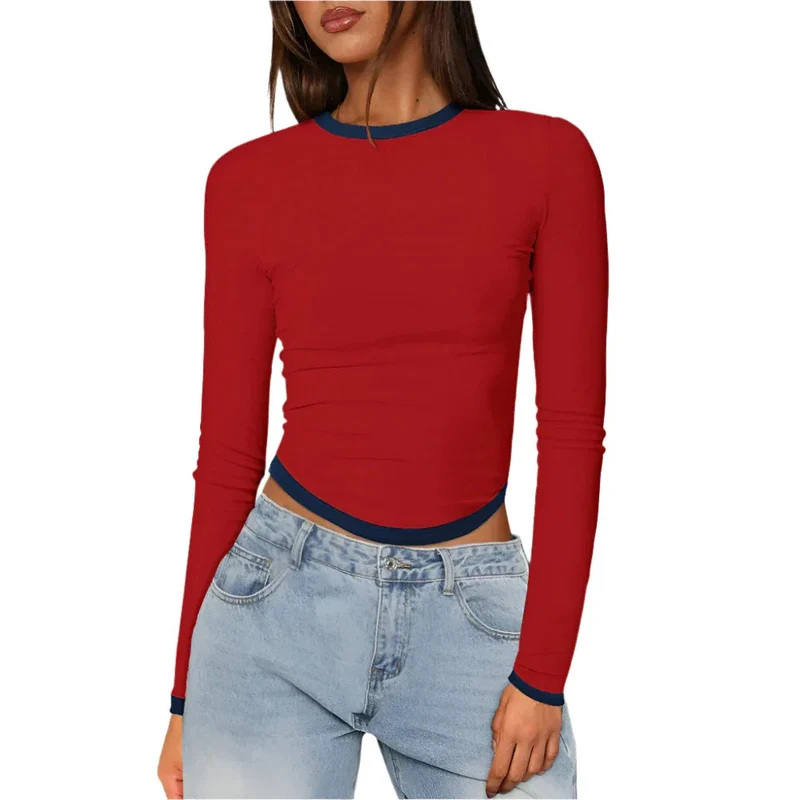 Women's Long-Sleeved Round Neck Slim-Fit Contrast Colors Short Pullover Top T-Shirt