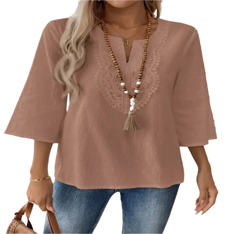 Women's Solid Color V-Neck Long Sleeve Simple Casual Blouse Top