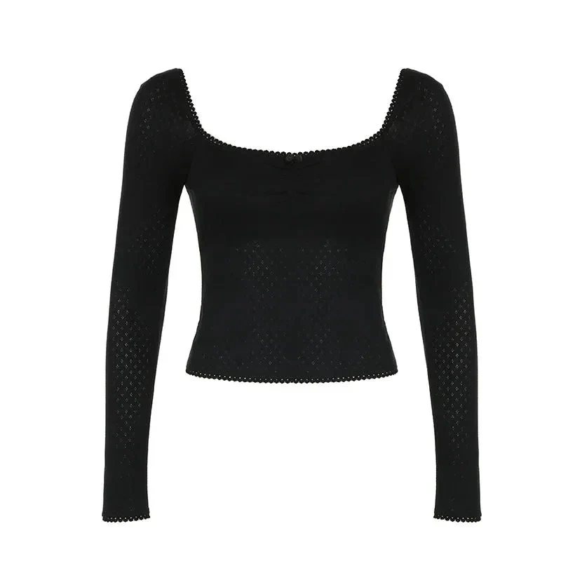 French Pure Desire Square Collar Lace Bow Long Sleeve Top For Women