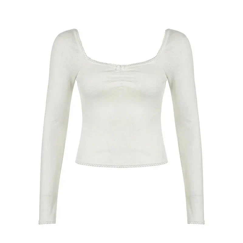 French Pure Desire Square Collar Lace Bow Long Sleeve Top For Women