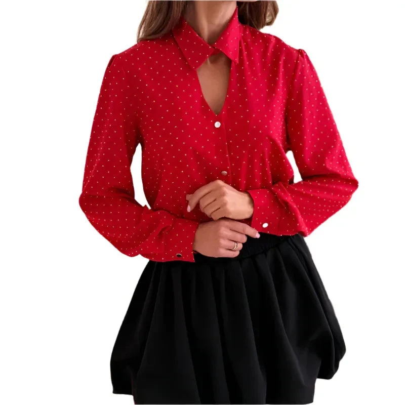 Women's V-Neck Rhinestone Single-Breasted Top