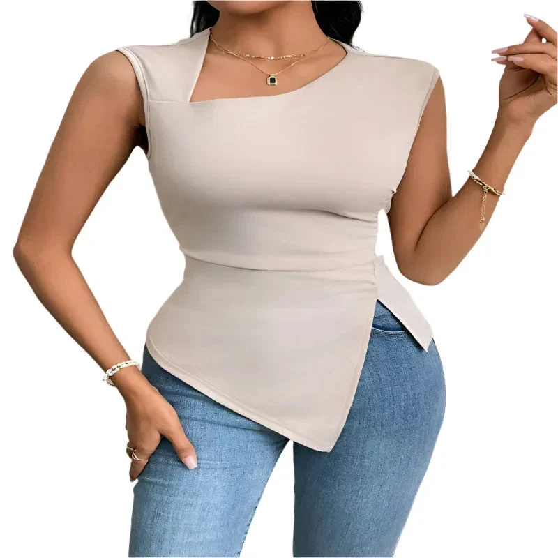 Irregular Women's T-Shirt Diagonal Collar Sleeveless Top
