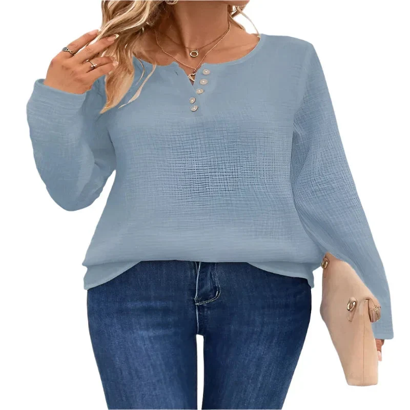 Women's Comfortable Long Sleeve Button Pullover Top T-Shirt