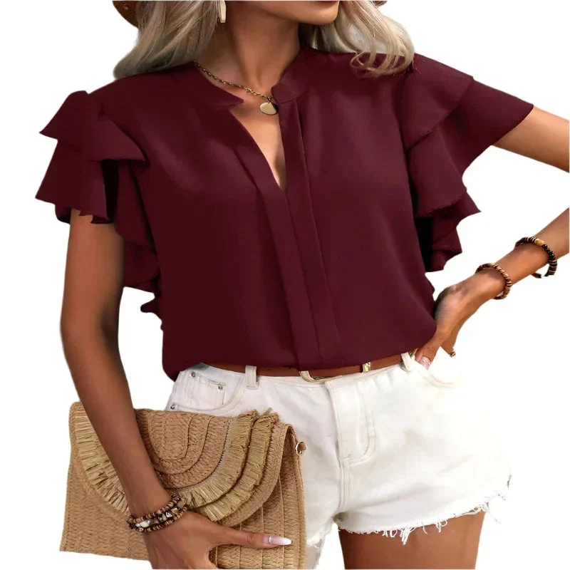 Casual Summer V-Neck Solid Color Shirt Top