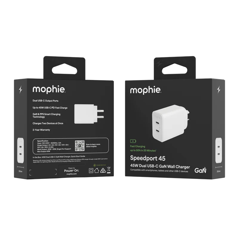 Mophie 45W USB-C Wall Charger 2C White.