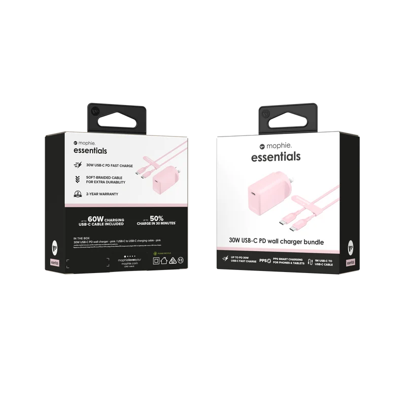 Mophie Essential 30W USB-C Wall Charger & C-C Cable Pink