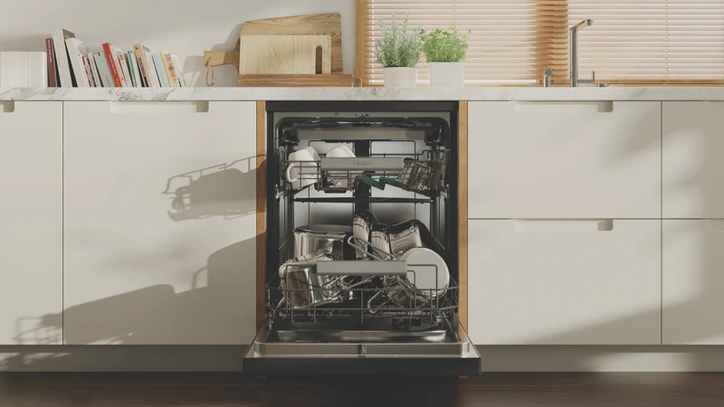 Haier 600 Series Freestanding Dishwasher, Steam, Dual Power Spray Arm, Satina