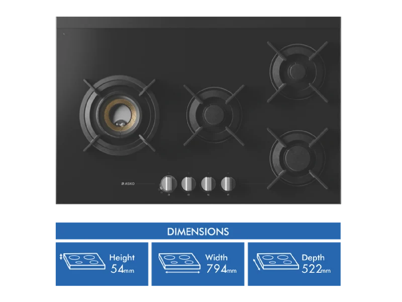 ASKO 80cm 4 Burner Gas on Glass Volcano Cooktop - Black