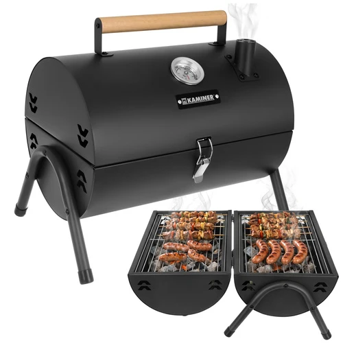 Kolgrill med lock, termometer och 2 grillgaller XXL – Bärbar trädgårdsgrill KAMINER