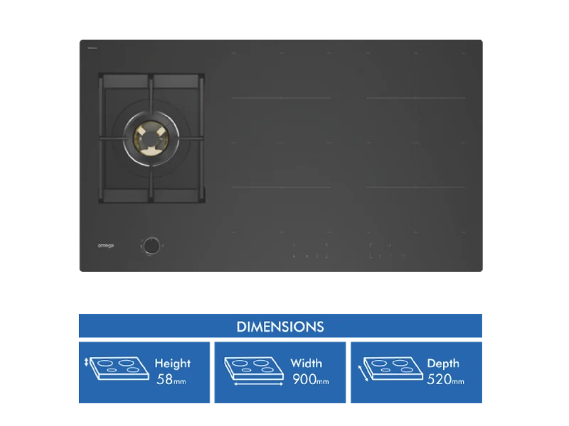 Omega 90cm Hybrid Cooktop, Gas and Induction