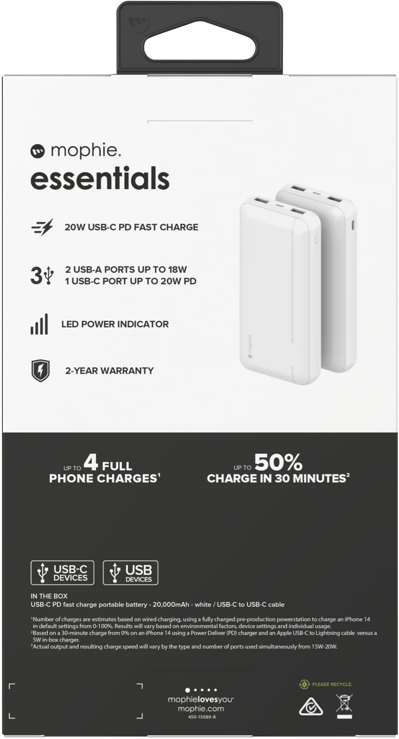 Mophie Essential PowerStation 20K PD 20W-2A1C White