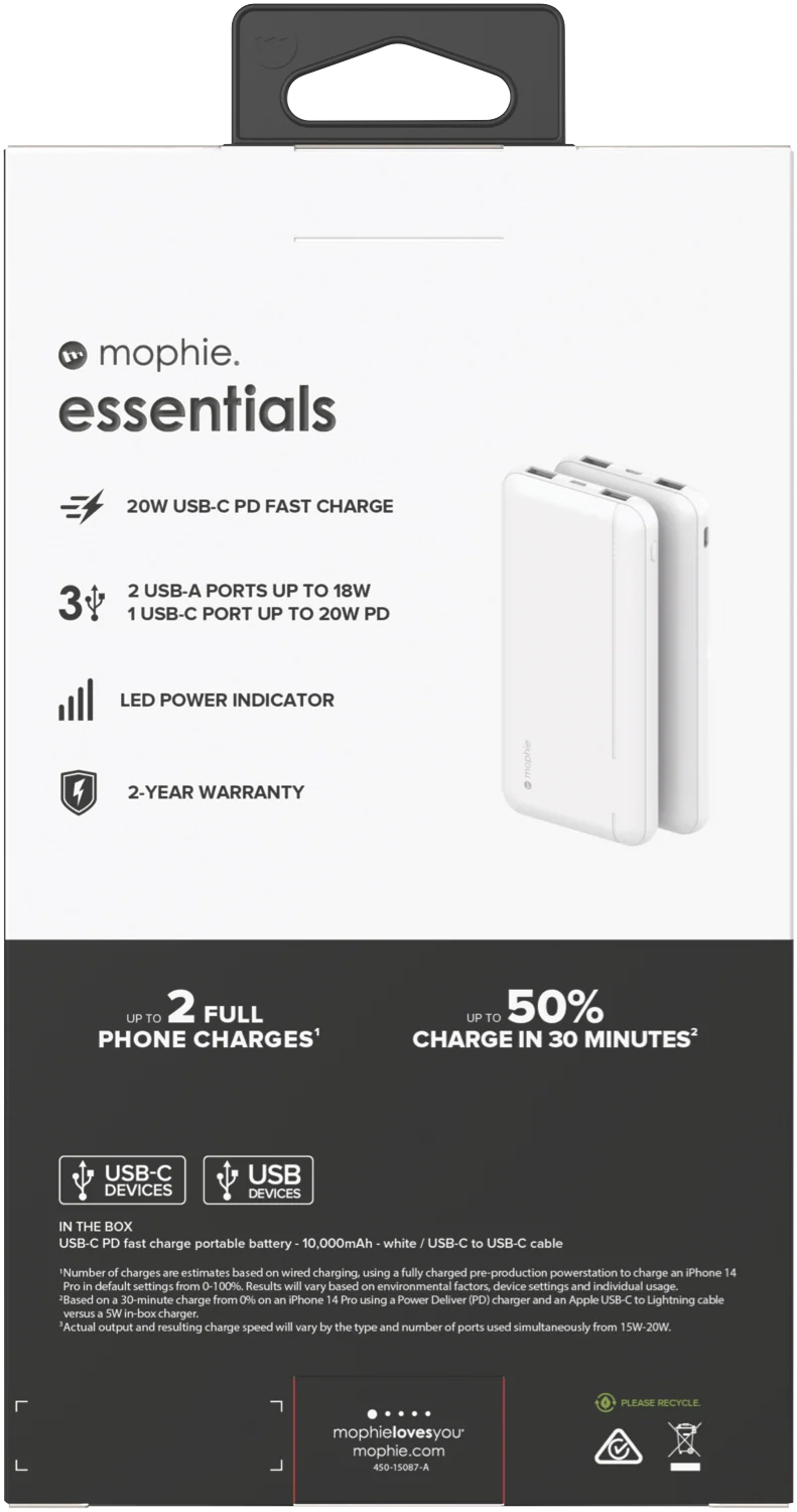 Mophie Essential PowerStation 10K PD 20W-2A1C White