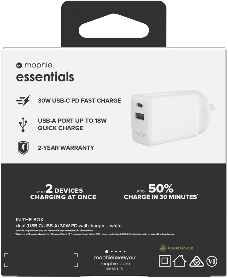 Mophie Essential 30W USB-C & USB-A Wall Charger White