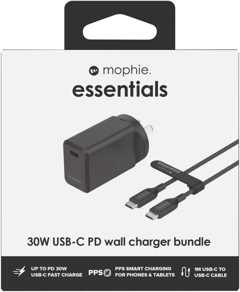 Mophie Essential 30W USB-C Wall Charger & C-C Cable Bundle Black