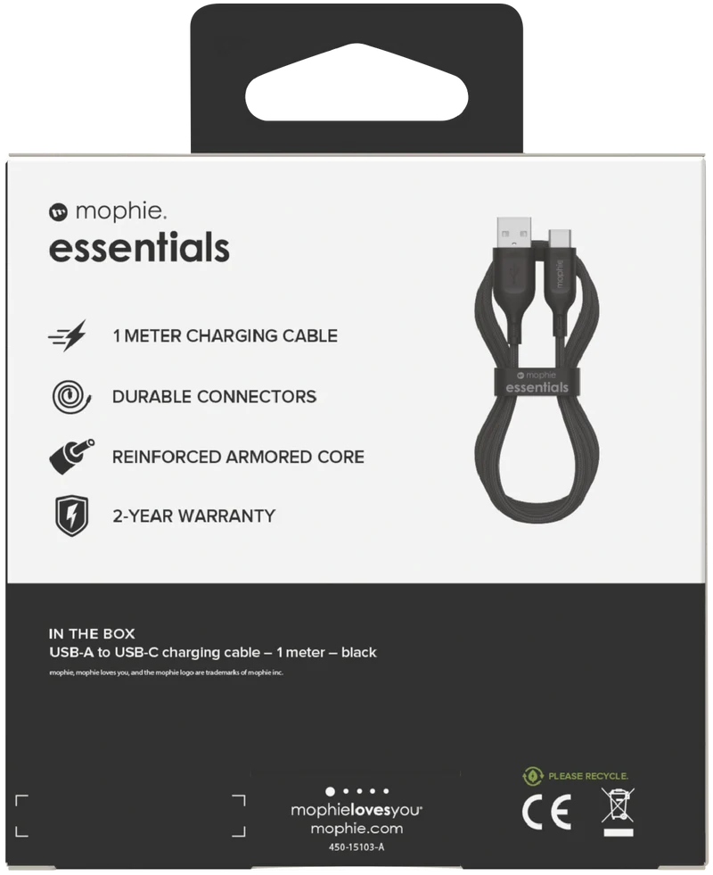 Mophie Essential USB-C-A Cable Braided 1M Black