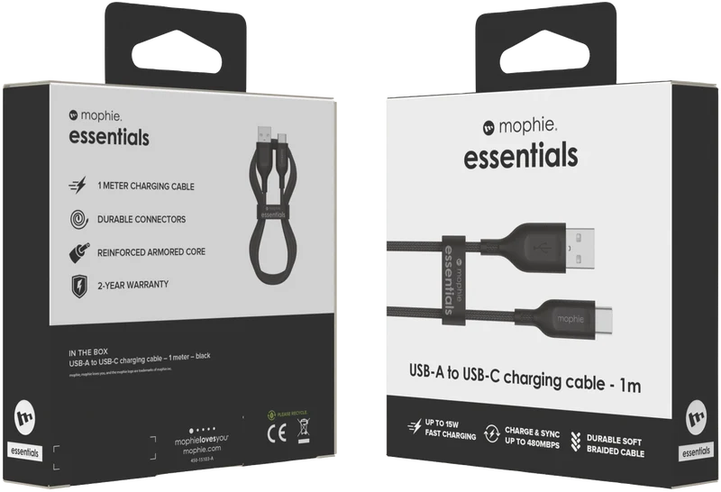 Mophie Essential USB-C-A Cable Braided 1M Black