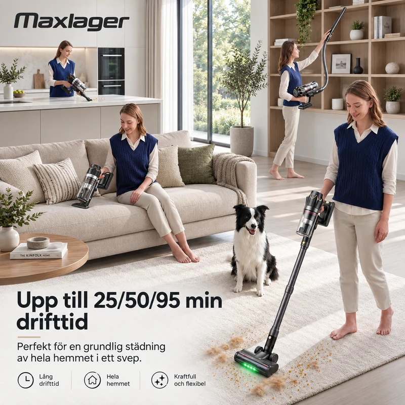 Maxlager V30 Pro – Sladdlös Dammsugare 800W, 75 kPa & Upp till 95 min Batteritid