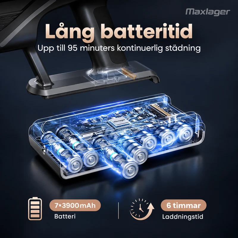 Maxlager V30 Pro – Sladdlös Dammsugare 800W, 75 kPa & Upp till 95 min Batteritid