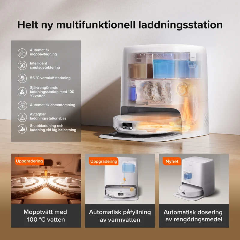 Roborock Saros 20 Neo är en robotdammsugare och mopp med hetvattenmoppning och en intelligent laddningsstation