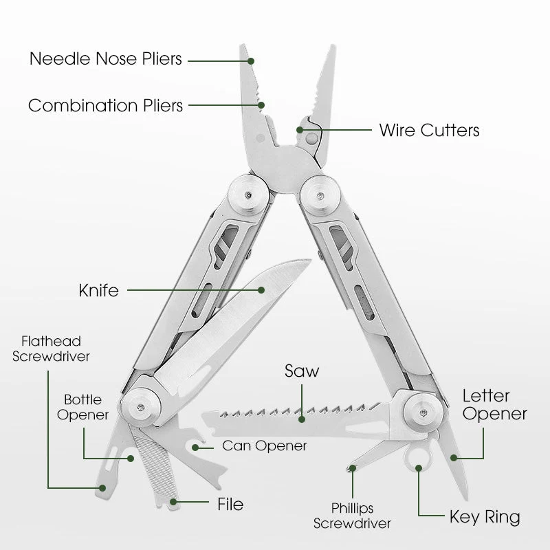 Kompakt 12-i-1 Folds Multitool med Tang | Til Hverdagsbrug, Husstand & Udendørs | Rustfrit 3Cr13 Stål | Låsemekanisme