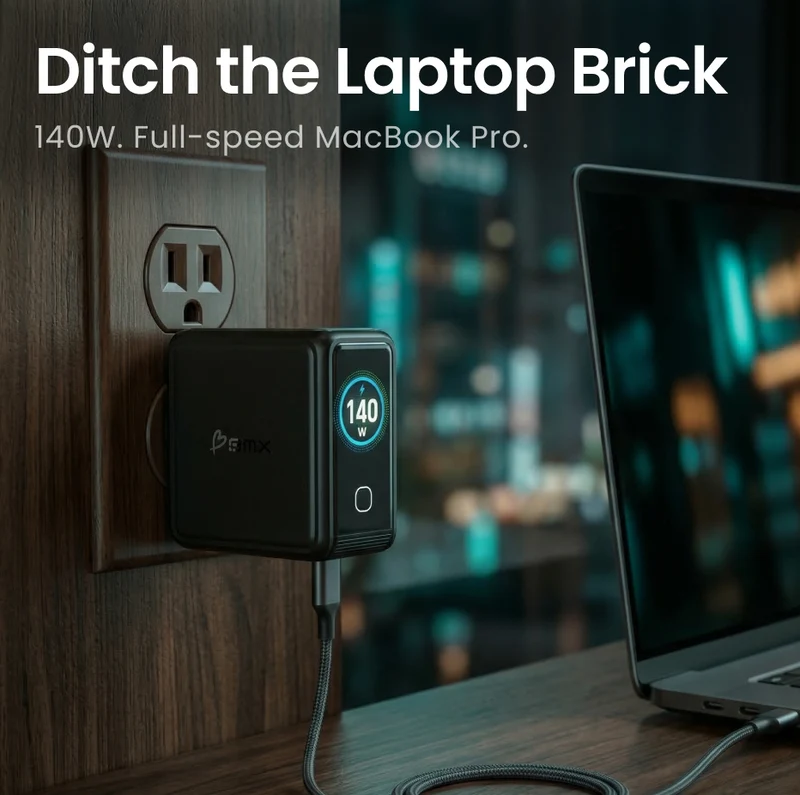 USB-C Laptop Oplader 140W med 4 porte og LCD-skærm