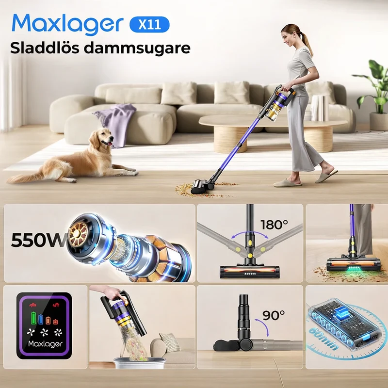 Maxlager X11 Sladdlös Dammsugare - 550W 55 kPa - Skaftdammsugare