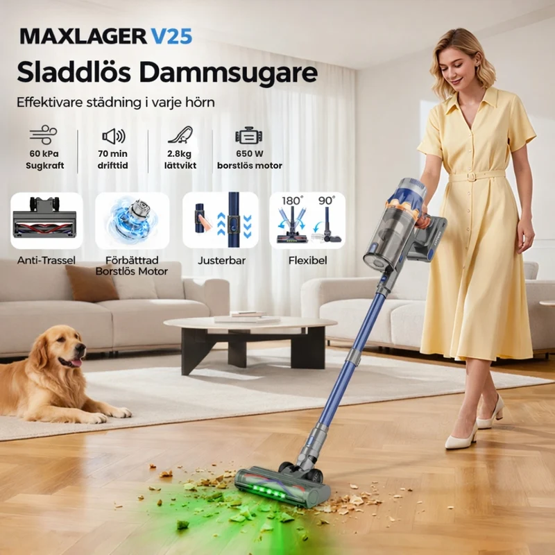 Maxlager V25 - 650W – 60 kPa Avancerad Sladdlös Dammsugare - Skaftdammsugare