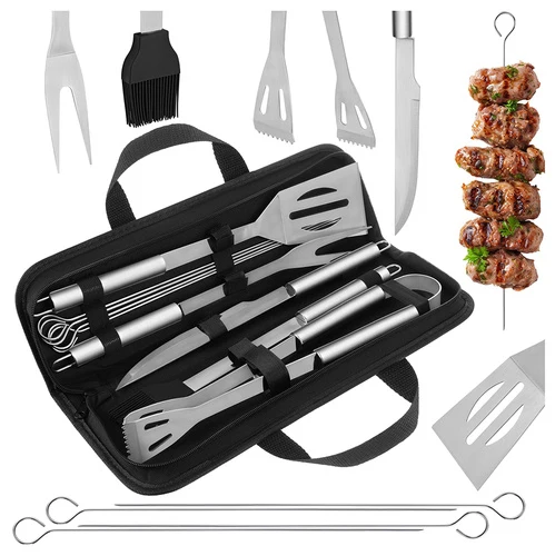Grillbestickset 9 delar i väska – BBQ-tillbehör i rostfritt stål