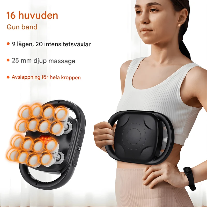 PulseRelief – 16-Huvuds Massagepistol med 9 Lägen & 20 Intensitetsnivåer för Hela Kroppen