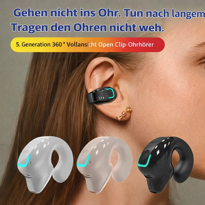 Bluetooth Clip-On Høretelefoner | Open-Ear Høretelefoner med Bluetooth 5.3, En-Knaps Betjening og Komfortabel Pasform