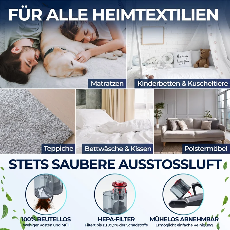 Handstøvsuger 450 Watt med 18.000 Pa, UV-funktion og HEPA-filter