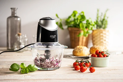 Mathackare med glasburk och 4 rostfria knivar – 1,2 l