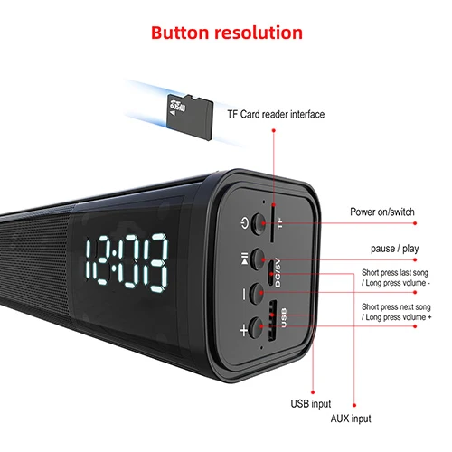 Multifunktionell Bluetooth-soundbar med klocka och alarm