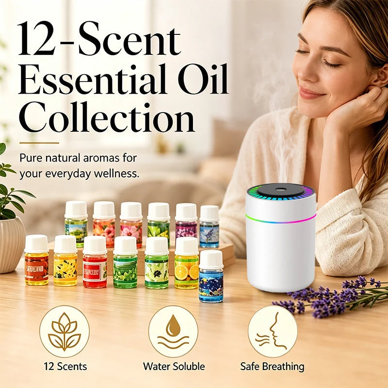 DiffuserSet: 12 Doftset För Hemmet Med Diffuserolja Och Mini Luftfuktare