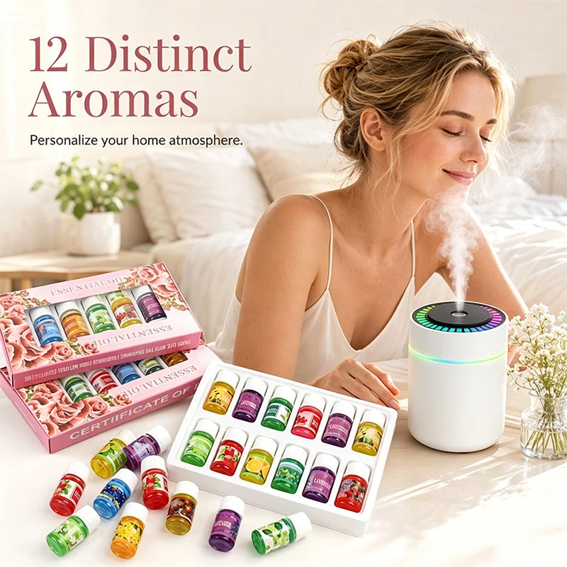 DiffuserSet: 12 Doftset För Hemmet Med Diffuserolja Och Mini Luftfuktare