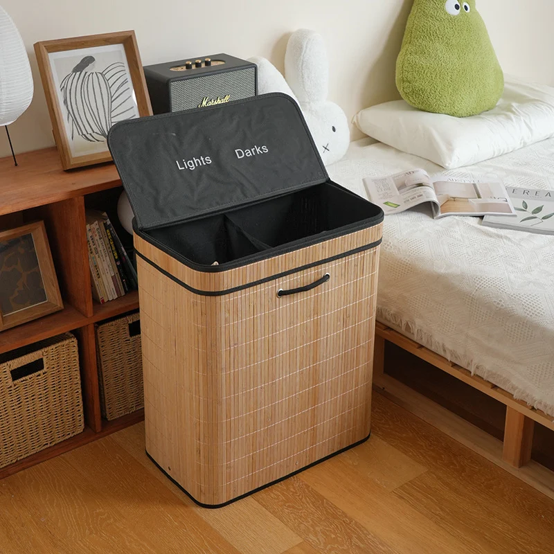 Tvådelad bambu tvättkorg 100L – Elegant korg för sortering av tvätt