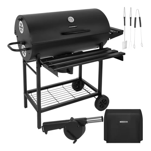 Stor kolgrill med lock, termometer och hyllor – 2 galler och asklåda