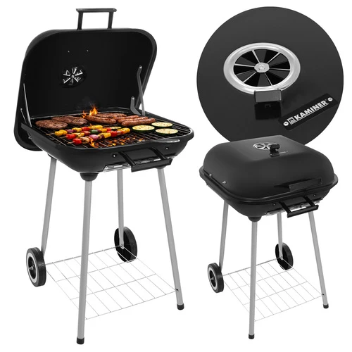 Kolgrill med lock & hjul – stor grill med hylla