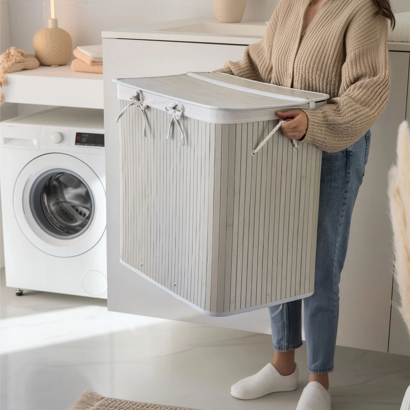 Tvådelad bambu tvättkorg 100L – Elegant korg för sortering av tvätt