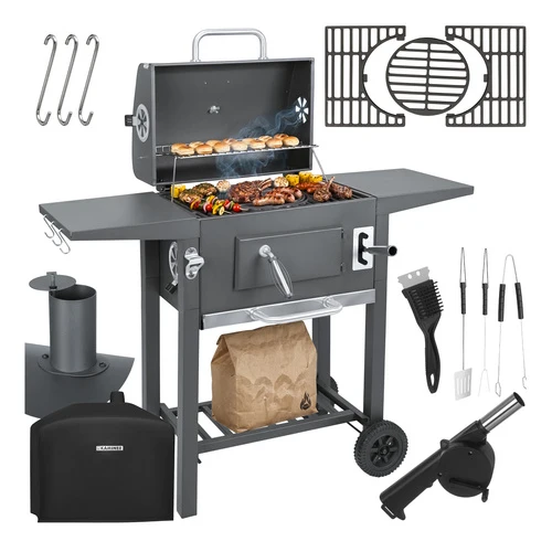 Kolgrill med lock, termometer och gjutjärnsgaller – Inkl. överdrag & grilltillbehör