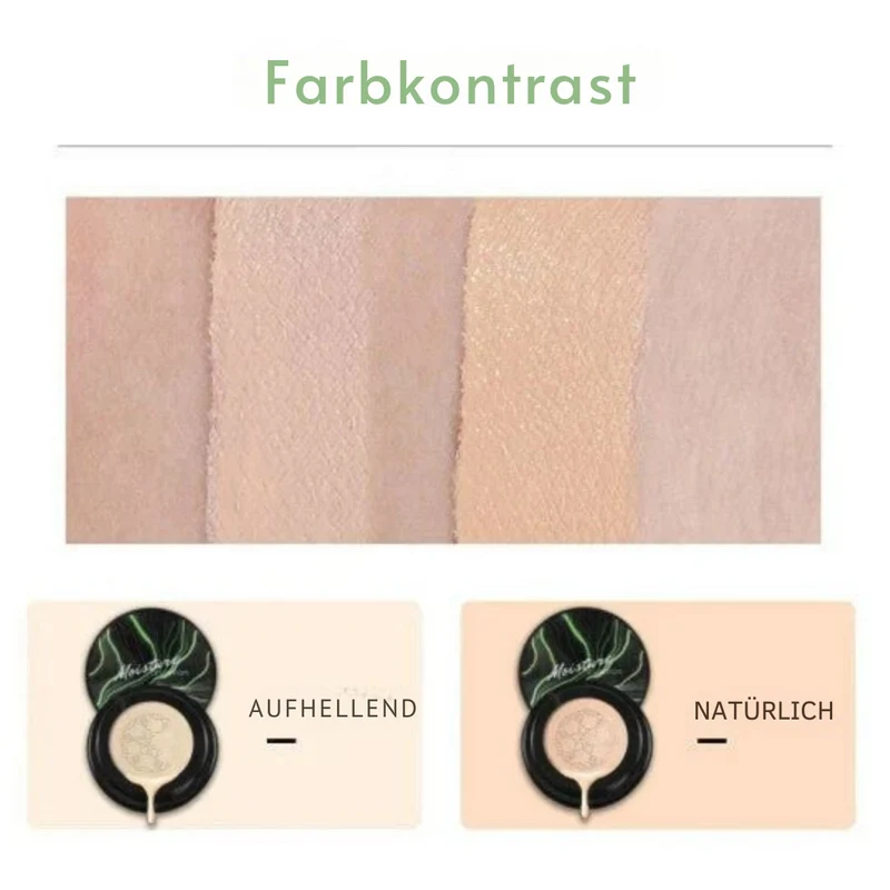 CC-Creme med Air Cushion og svampeapplikator | Farvekorrektion & jævn hudtone | Ikke klæbrig, dækker porer & rødme, 2 nuancer