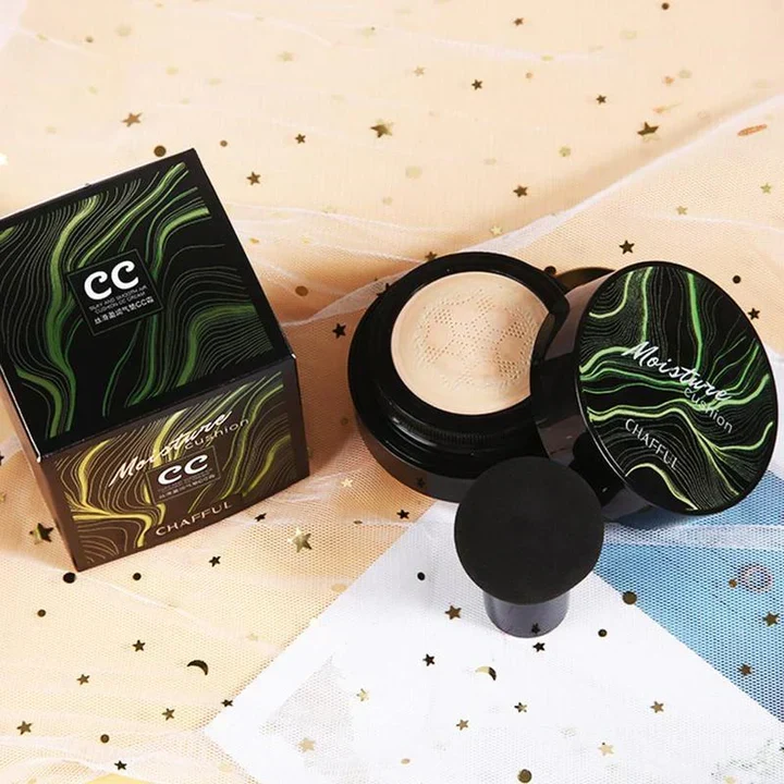CC-Creme med Air Cushion og svampeapplikator | Farvekorrektion & jævn hudtone | Ikke klæbrig, dækker porer & rødme, 2 nuancer