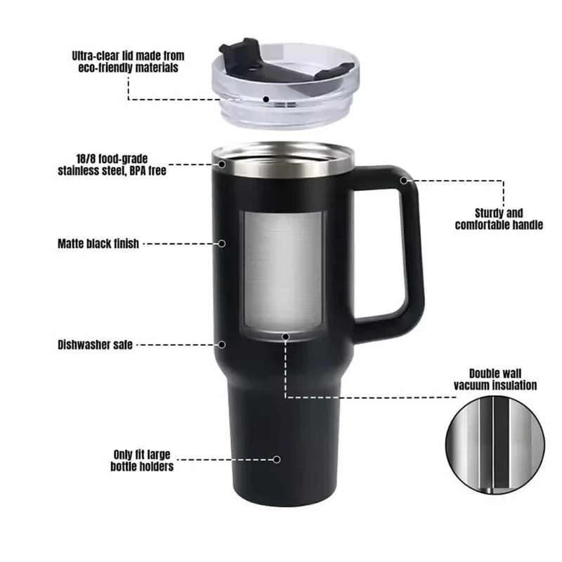 Tumbler termomugg 1200 ml med handtag, lock och sugrör