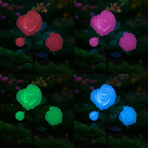 Solcellsdriven LED-trädgårdslampa med ros – 3 konstgjorda blommor med färgskiftande ljus