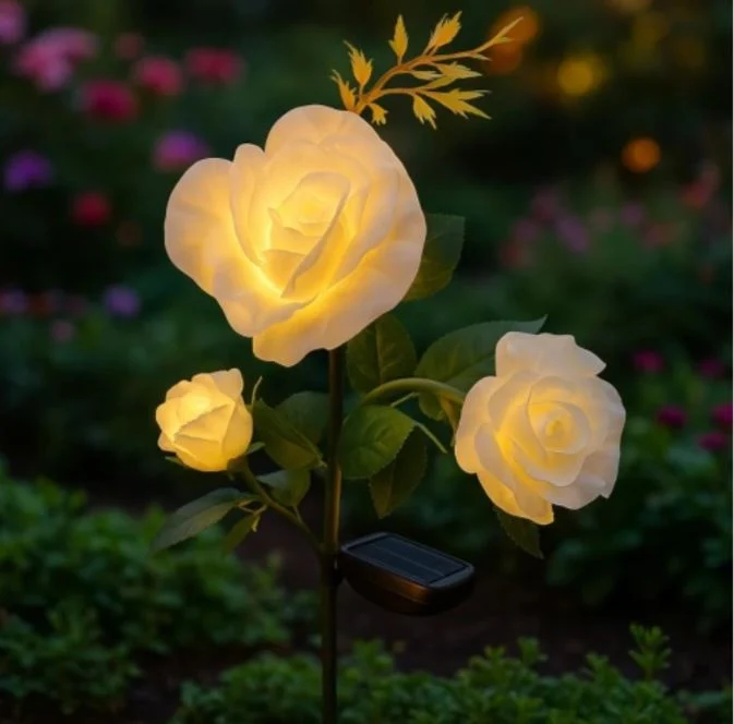Solcellsdriven LED-trädgårdslampa med ros – 3 konstgjorda blommor med färgskiftande ljus
