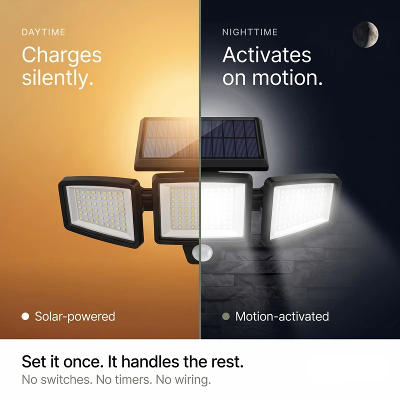 Solcelle Udendørslampe med 270° Bevægelser | 3 Justerbare LED-hoveder | Fjernbetjening & IP65 Vandafvisende